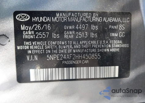2017 Hyundai Sonata Se z USA, uszkodzony, nr VIN 5NPE24AF2HH450855